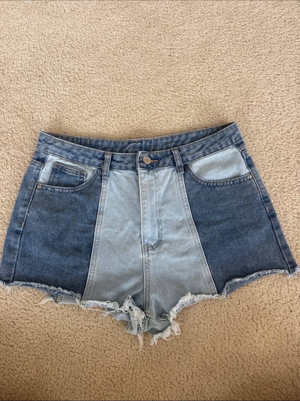 Patchwork Two-Tone Denim High-Waist Shorts